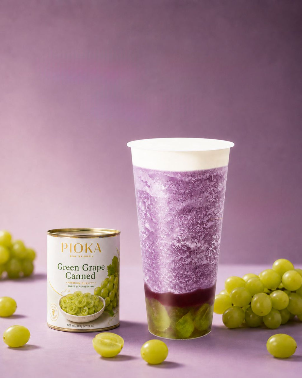 A cup of Very Grape Snowy drink and a canned of green grape pulps