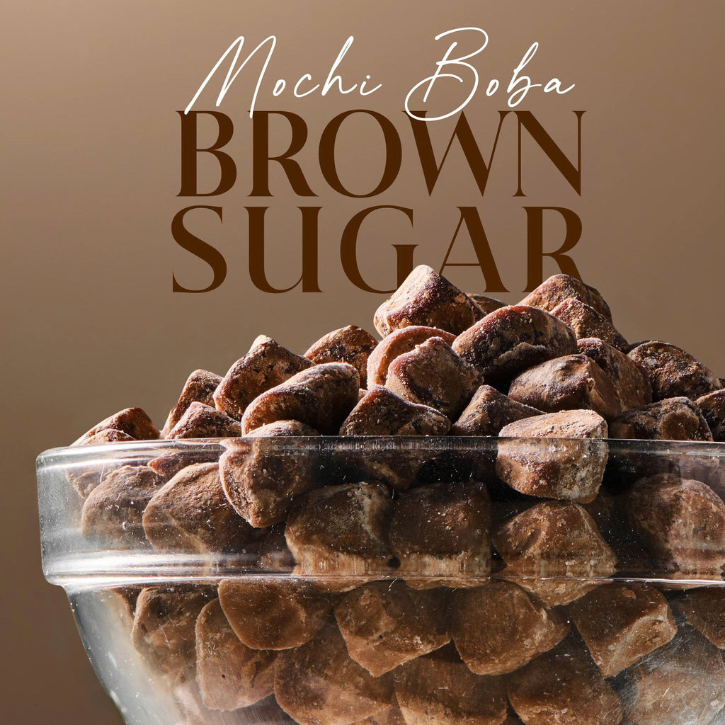 Bowl of Mochi Boba Brown Sugar on a brown background with text overlay.
