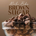 Bowl of Mochi Boba Brown Sugar on a brown background with text overlay.