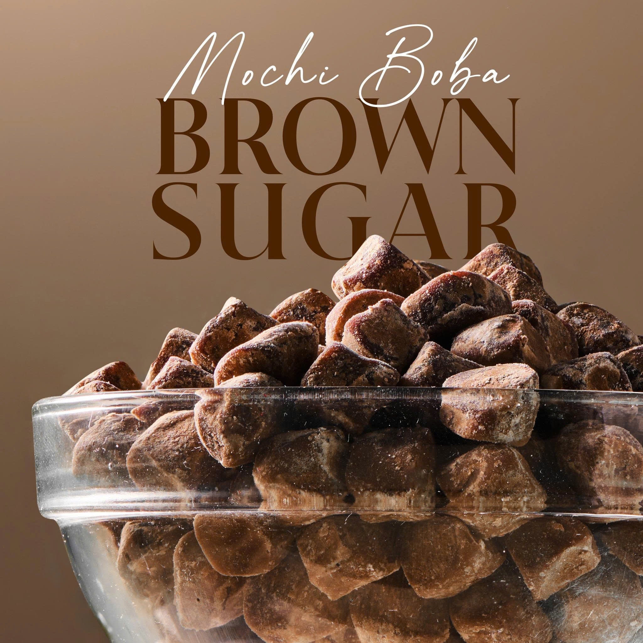 Bowl of Mochi Boba Brown Sugar on a brown background with text overlay.