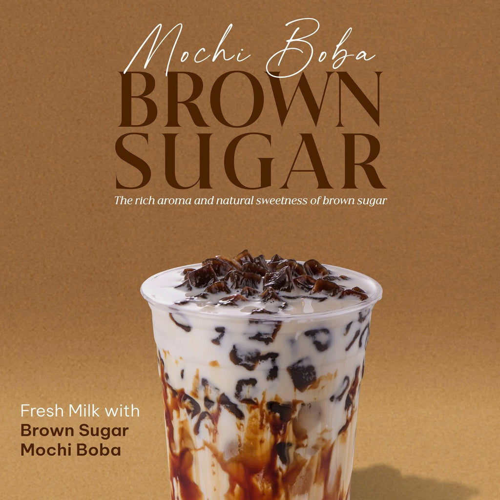 Mochi Boba Brown Sugar drink with text on a brown background