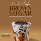 Mochi Boba Brown Sugar drink with text on a brown background