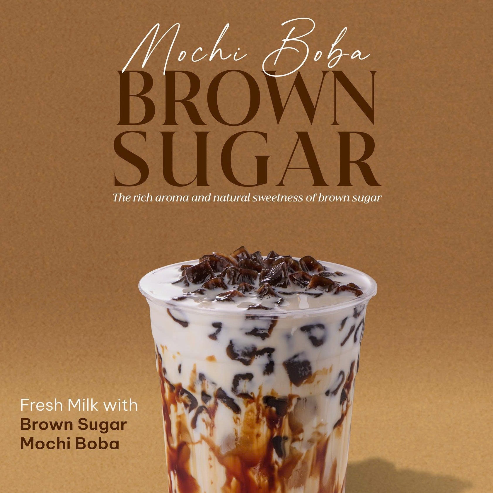 Mochi Boba Brown Sugar drink with text on a brown background