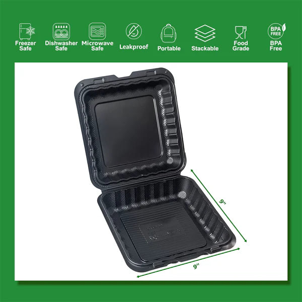 9"×9" ONE COMPARTMENT HINGED  CONTAINER BLACK