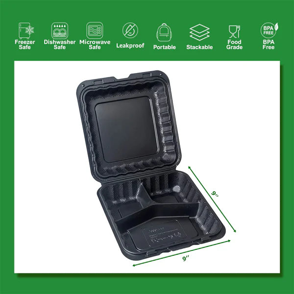 9"×9" THREE COMPARTMENT HINGED  CONTAINER BLACK