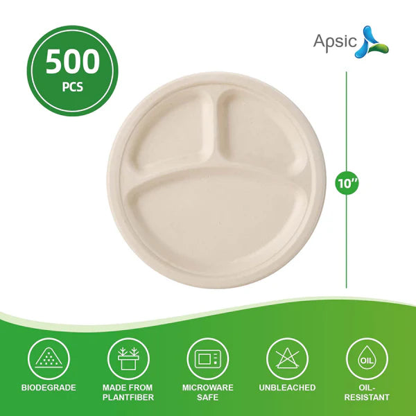 COMPOSTABLE DINNER PLATE 10" 3-COM  ROUND PLATE BAGASSE PFAS FREE